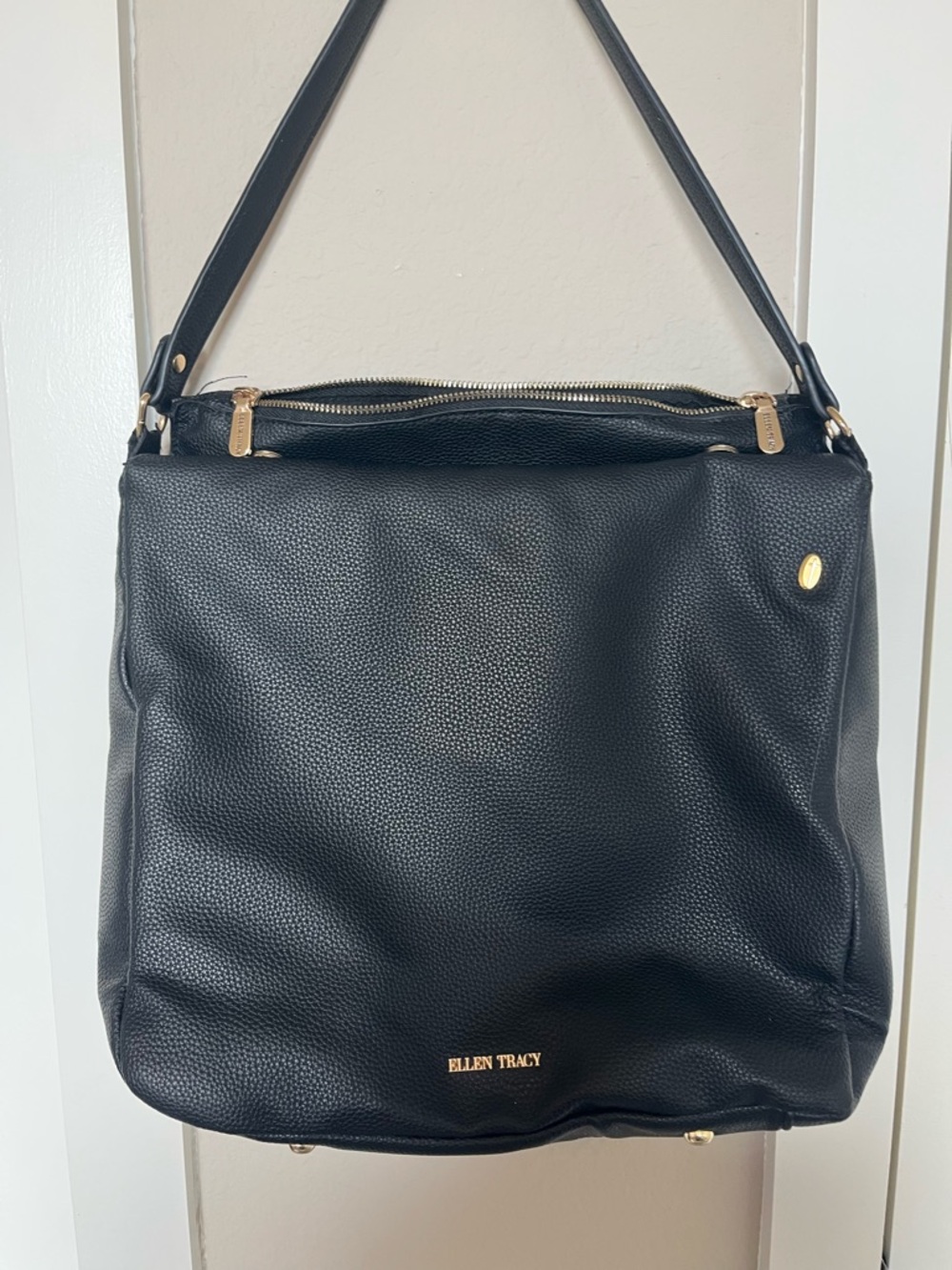 Ellen Tracy Black Pebbled Leather Shoulder Satchel with Gold Accents